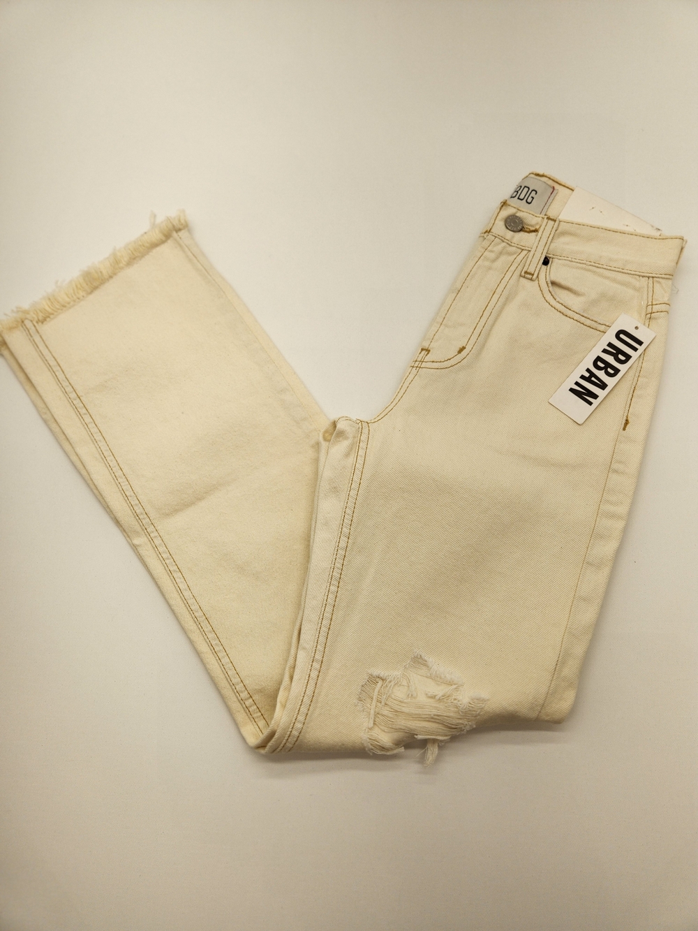 BDG Urban Outfitters Cowboy Jeans 24 NWT Cream Distressed High Rise Raw Hem